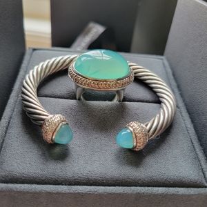 David Yurman aqua chalcedony and pave diamond ring with matching bangle